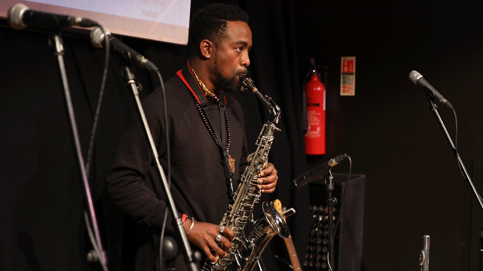 Cinemagraph of a saxophone player, saxophonist, Marcus Joseph, at Brighter Sound Eska: Are You Here, Artistic Director Series, Band on The Wall, Manchester, Rachel Bywater Photography 